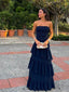 Strapless A-line Navy Blue Long Evening Prom Dresses, PM1080