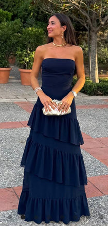 Strapless A-line Navy Blue Long Evening Prom Dresses, PM1080