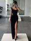 Simple One Shoulder High Slit Long Black Evening Prom Dresses, PM1081