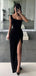 Simple One Shoulder High Slit Long Black Evening Prom Dresses, PM1081