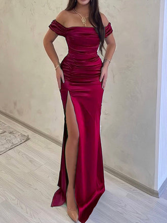 Off Shoulder High Slit Red Satin Long Evening Prom Dresses, PM1082