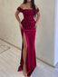 Off Shoulder High Slit Red Satin Long Evening Prom Dresses, PM1082