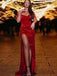 Formal Mermaid Off Shoulder Side Slit Red Satin Long Evening Prom Dresses, PM1083