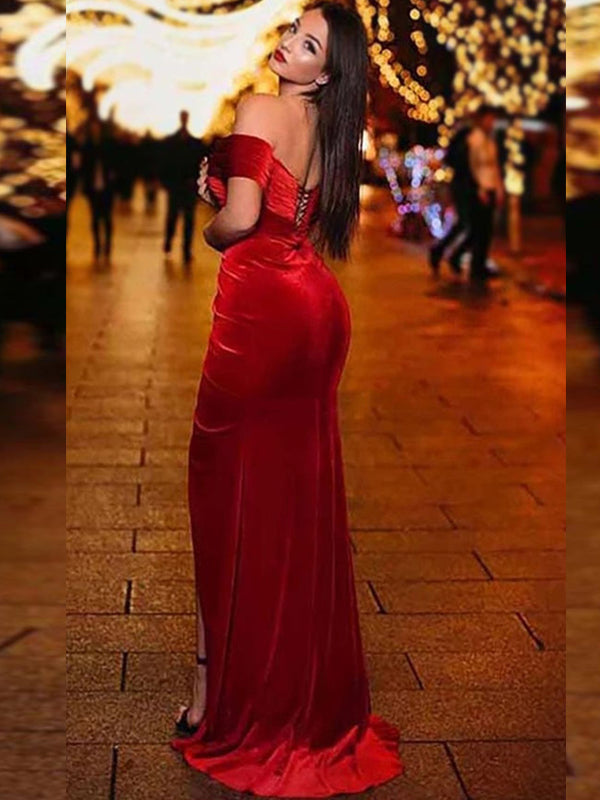 Formal Mermaid Off Shoulder Side Slit Red Satin Long Evening Prom Dresses, PM1083