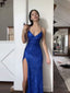 Simple Blue Sequins Mermaid V-neck Long Evening Prom Dresses, PM1084