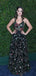 A-line Black Lace Spaghetti Straps Long Evening Prom Dresses, PM1086