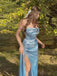 Lighe Blue Satin Spaghetti Straps Side Slit Long Evening Prom Dresses, PM1087