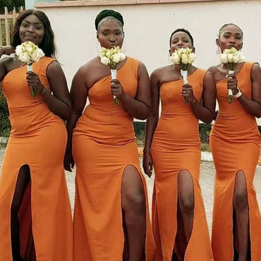 One Shoulder Orange Mermaid Side Slit Long Bridesmaid Dresses, PMB0001