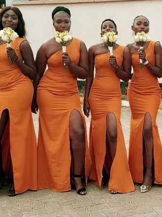 One Shoulder Orange Mermaid Side Slit Long Bridesmaid Dresses, PMB0001