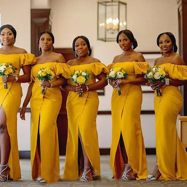 Off Shoulder Yellow Mermaid Side Slit Long Bridesmaid Dresses, PMB0002