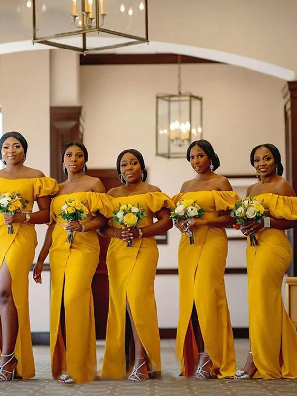 Off Shoulder Yellow Mermaid Side Slit Long Bridesmaid Dresses, PMB0002