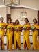 Off Shoulder Yellow Mermaid Side Slit Long Bridesmaid Dresses, PMB0002