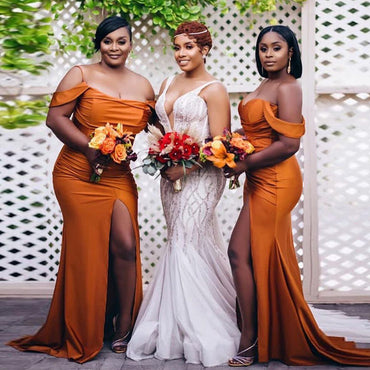 Simple Off Shoulder Orange Satin Mermaid Long Bridesmaid Dresses, PMB0003
