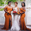 Simple Off Shoulder Orange Satin Mermaid Long Bridesmaid Dresses, PMB0003