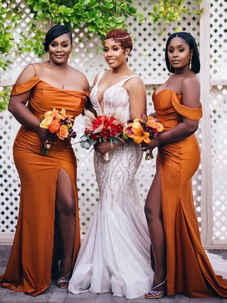 Simple Off Shoulder Orange Satin Mermaid Long Bridesmaid Dresses, PMB0003