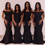 Black Appliques Mermaid Off Shoulder Long Bridesmaid Dresses, PMB0004
