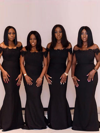 Black Appliques Mermaid Off Shoulder Long Bridesmaid Dresses, PMB0004