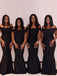 Black Appliques Mermaid Off Shoulder Long Bridesmaid Dresses, PMB0004