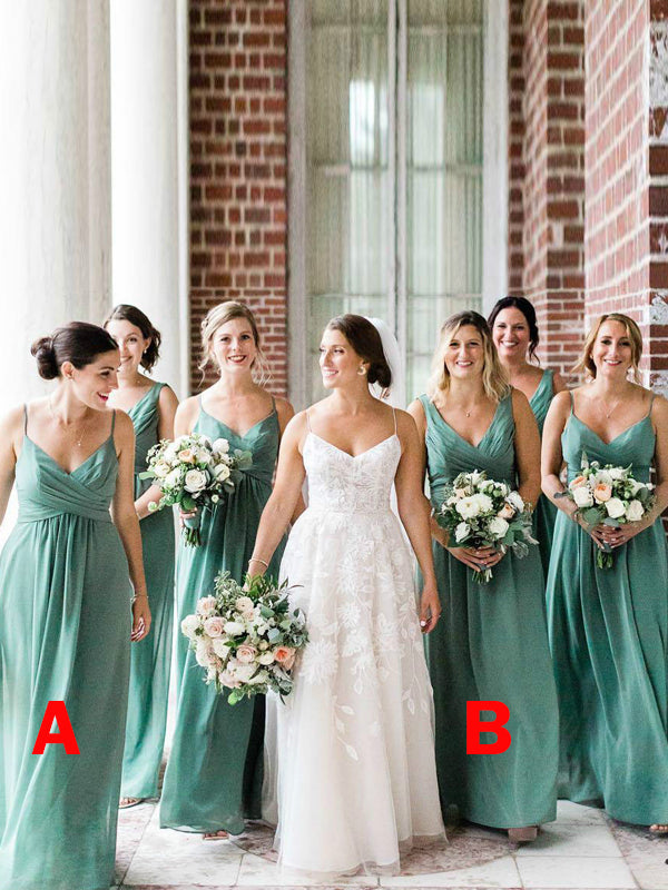 A-line Chiffon V-neck Long Bridesmaid Dresses, PMB0005
