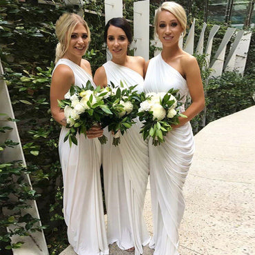 One Shoulder White Chiffon Long Bridesmaid Dresses, PMB0006