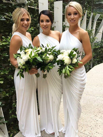 One Shoulder White Chiffon Long Bridesmaid Dresses, PMB0006
