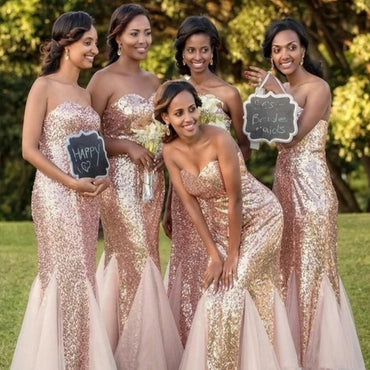 Sweetheart Mermaid Gold Sequins Tulle Long Bridesmaid Dresses, PMB0007