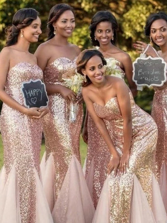 Sweetheart Mermaid Gold Sequins Tulle Long Bridesmaid Dresses, PMB0007