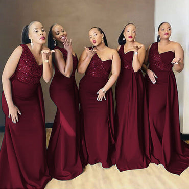 Burgundy One Shoulder Mermaid Long Bridesmaid Dresses, PMB0008