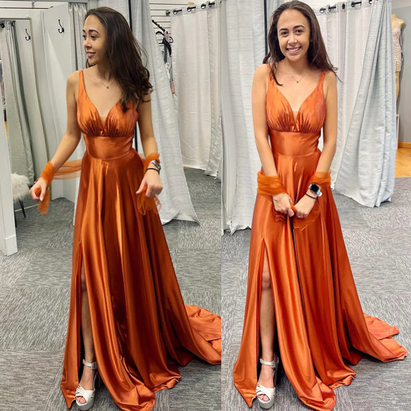 Formal V-neck Burnt Orange Satin A-line Long Bridesmaid Dresses, PMB0009
