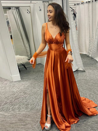 Formal V-neck Burnt Orange Satin A-line Long Bridesmaid Dresses, PMB0009