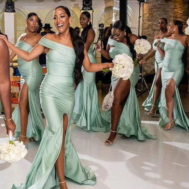 Sage Green Satin One Shoulder Mermaid Long Bridesmaid Dresses, PMB0010