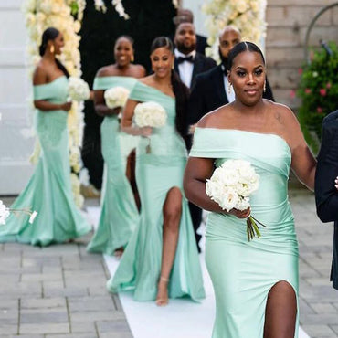 Sage Green Satin One Shoulder Mermaid Long Bridesmaid Dresses, PMB0010