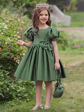 A-line Green Satin Flower Girl Dresses, PMF0001