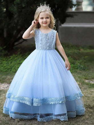 A-line Blue Tulle Flower Girl Dresses, PMF0004