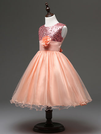 Rose Gold Sequins Pink Tulle A-line Flower Girl Dresses, PMF0008